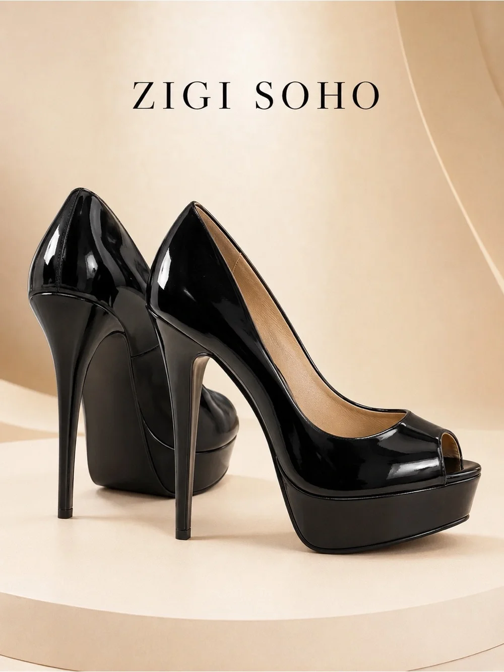 Zigi Soho Black Patent Peep Toe Platform Pumps in excellent condition - Size 10